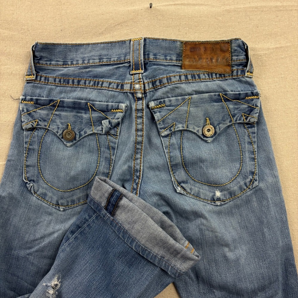 True Religion Joey Flare Jeans Mens 32 Blue Distressed Flap Pocket Horseshoe
